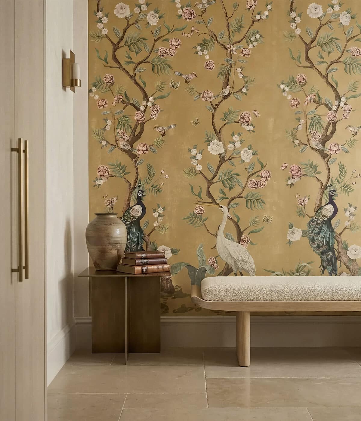 Botanical wallpaper installation in a residential dining room