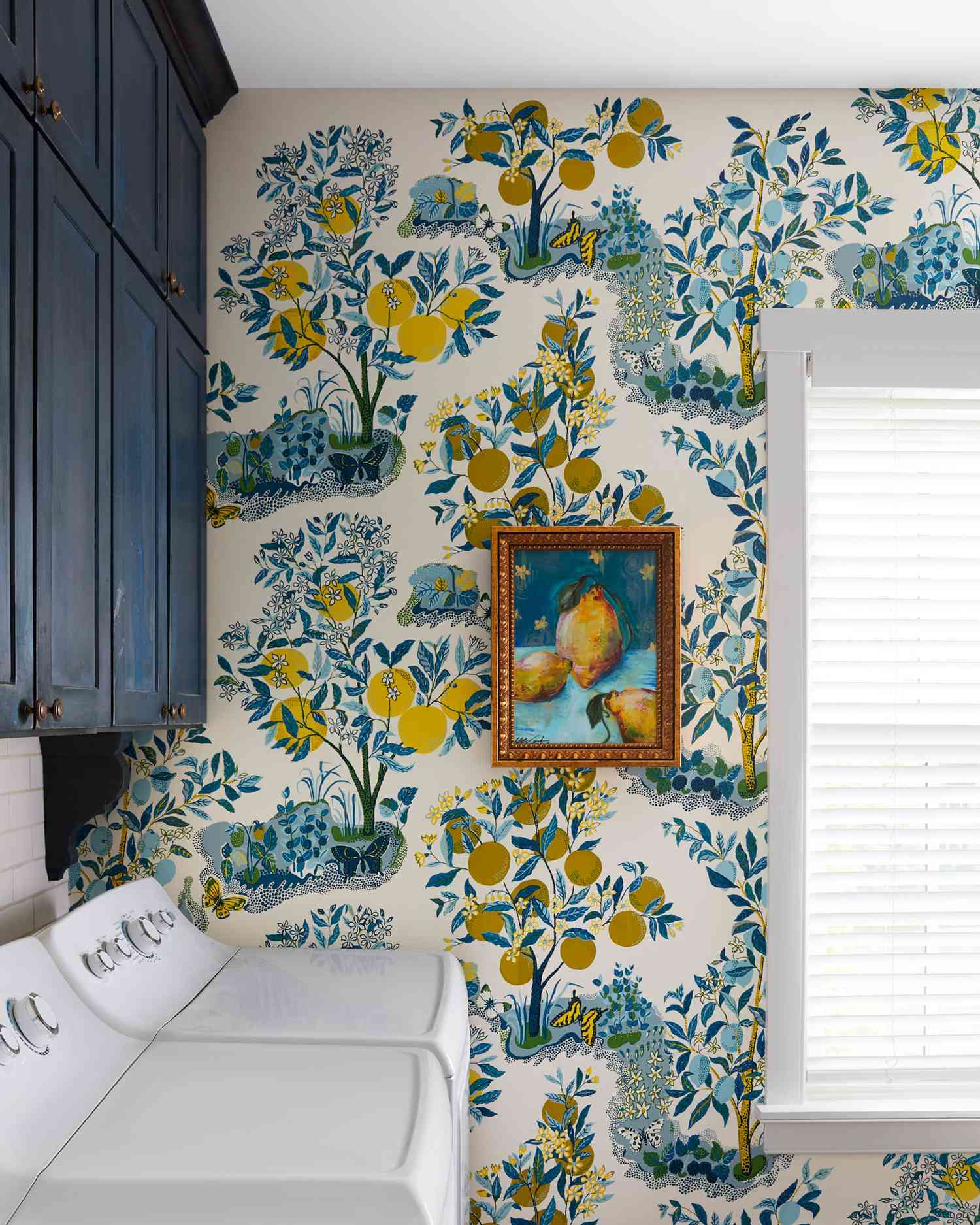 Custom blue mural wallcovering in a home office