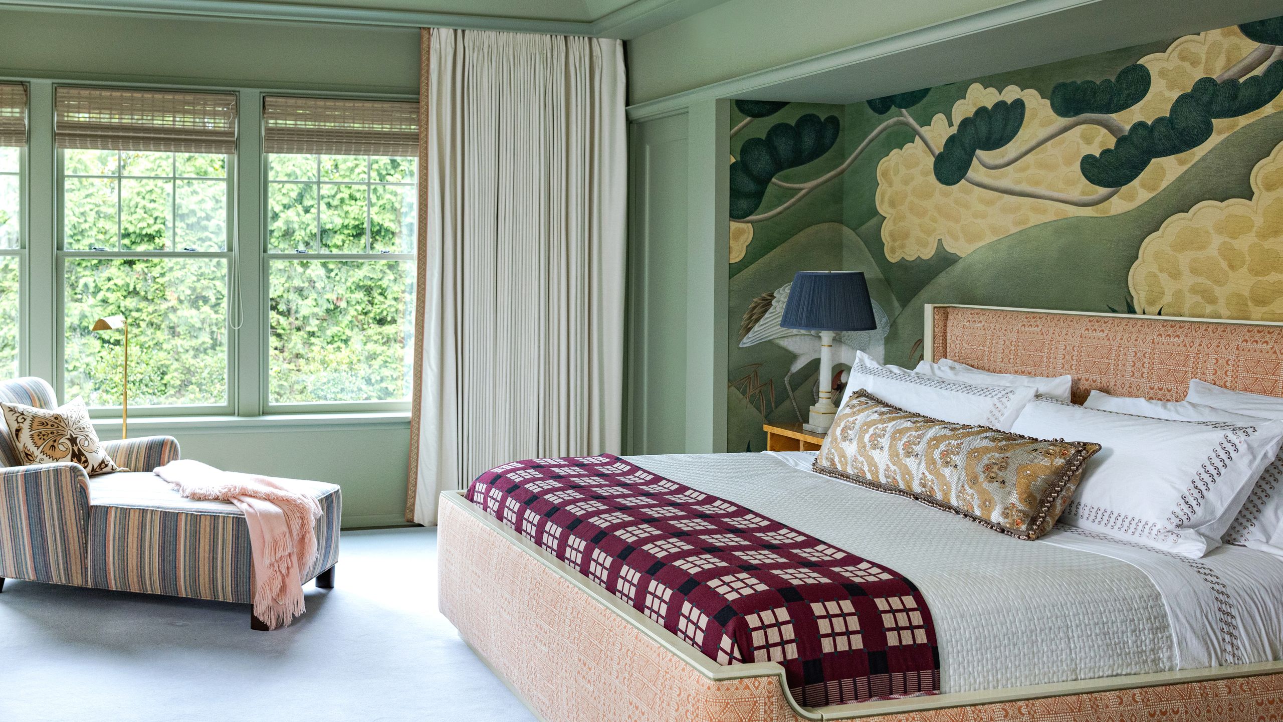 Wallcovering feature wall in a curated bedroom